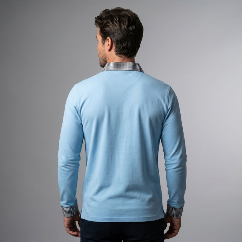 Jason Cotton Blend Long Sleeve Polo Shirt – Plaid Patchwork Buttoned Collar Top