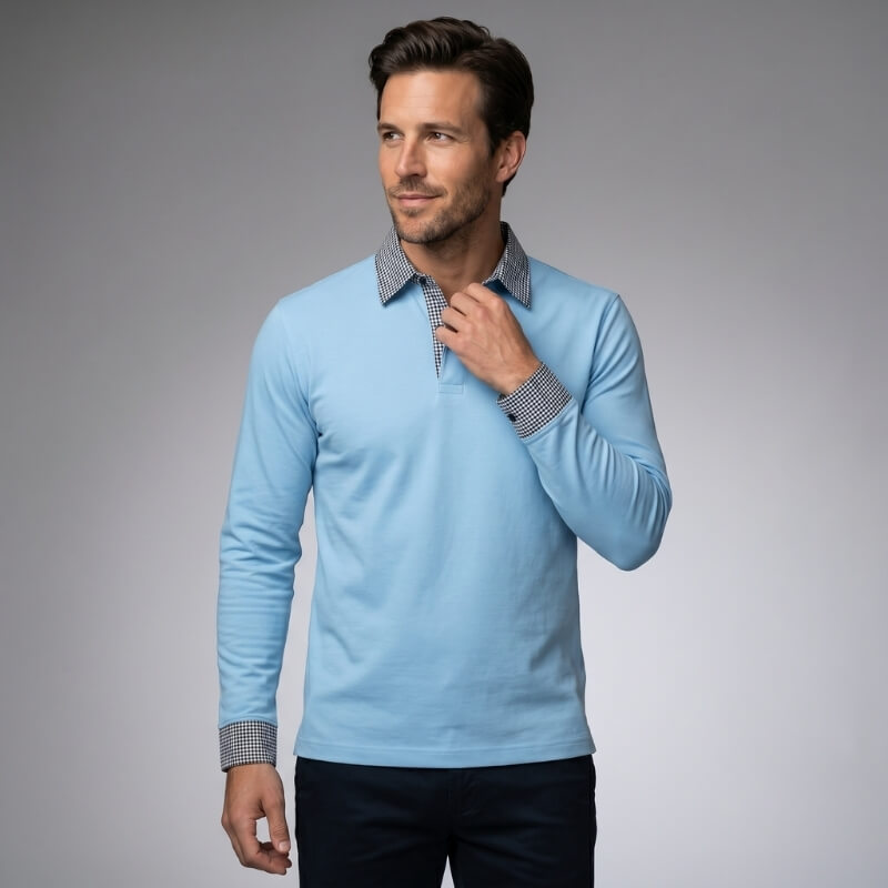 Jason Cotton Blend Long Sleeve Polo Shirt – Plaid Patchwork Buttoned Collar Top