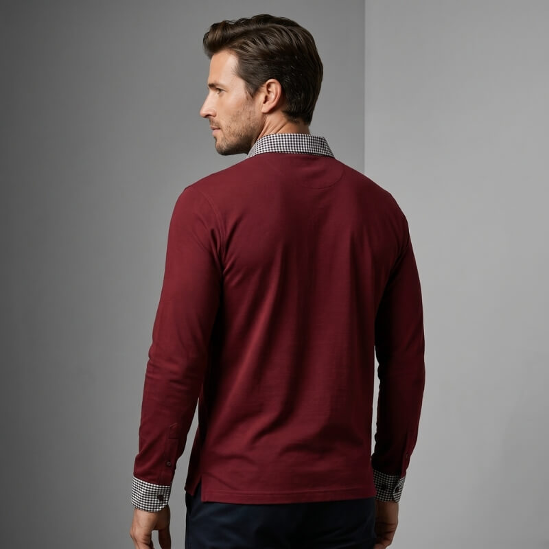 Jason Cotton Blend Long Sleeve Polo Shirt – Plaid Patchwork Buttoned Collar Top