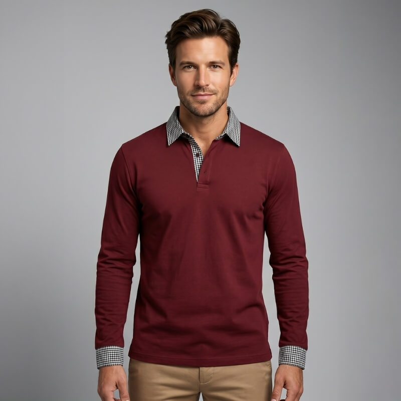 Jason Cotton Blend Long Sleeve Polo Shirt – Plaid Patchwork Buttoned Collar Top