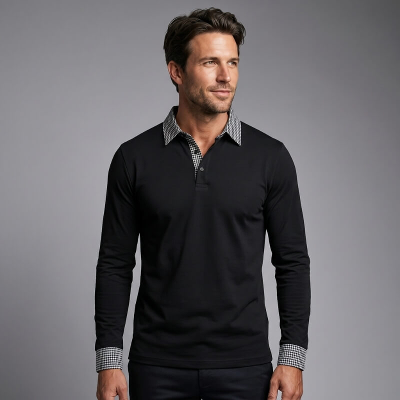 Jason Cotton Blend Long Sleeve Polo Shirt – Plaid Patchwork Buttoned Collar Top