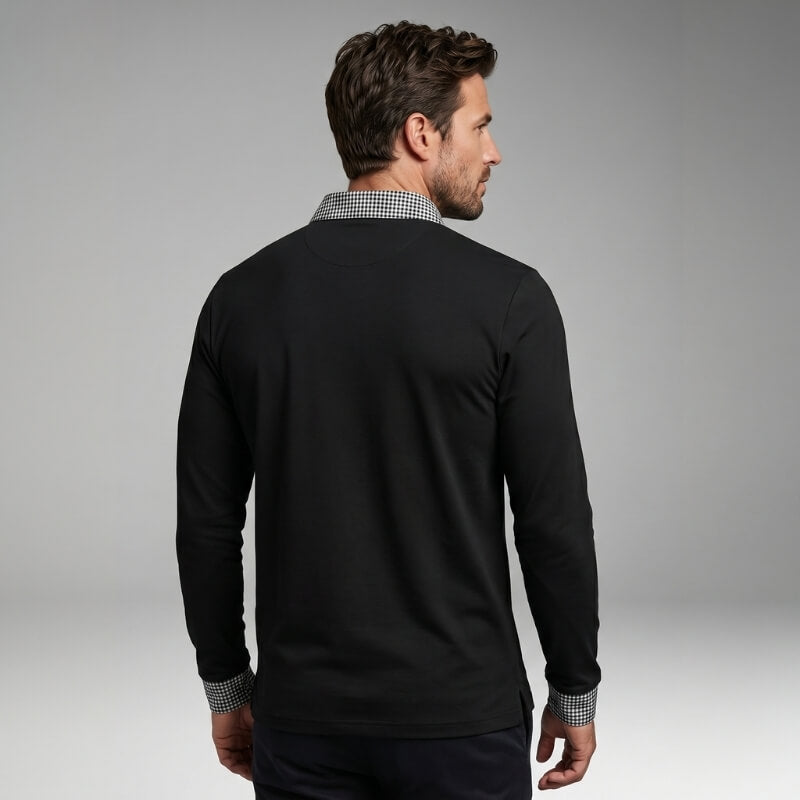 Jason Cotton Blend Long Sleeve Polo Shirt – Plaid Patchwork Buttoned Collar Top