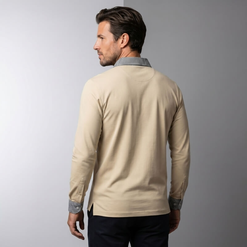 Jason Cotton Blend Long Sleeve Polo Shirt – Plaid Patchwork Buttoned Collar Top