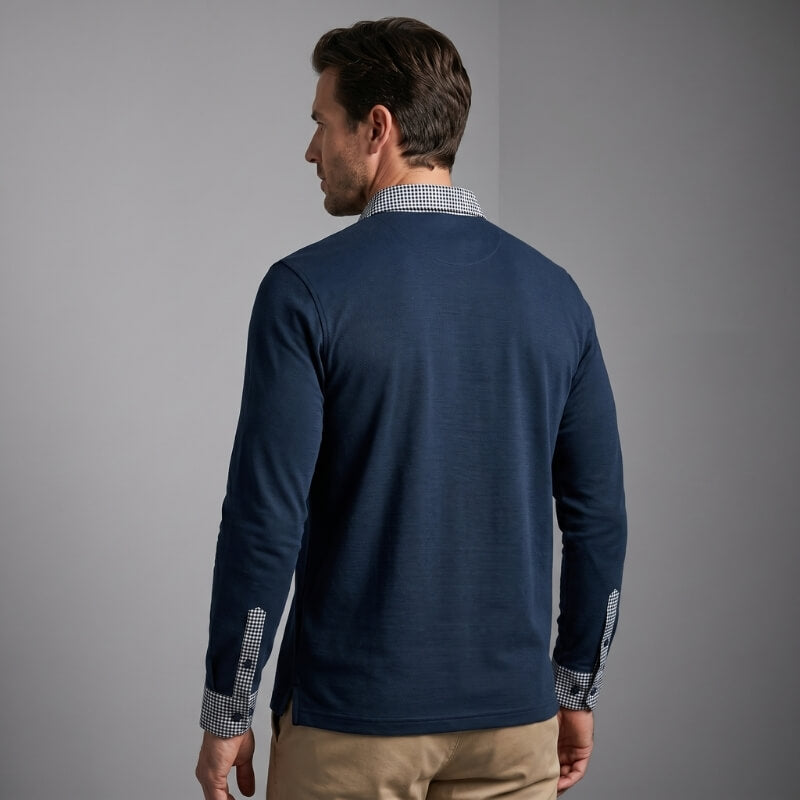 Jason Cotton Blend Long Sleeve Polo Shirt – Plaid Patchwork Buttoned Collar Top