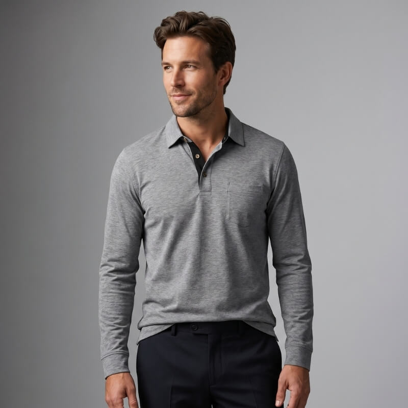 Lorenzo Cotton Blend Long Sleeve Polo Shirt – Classic Fit Chest Pocket Casual Top