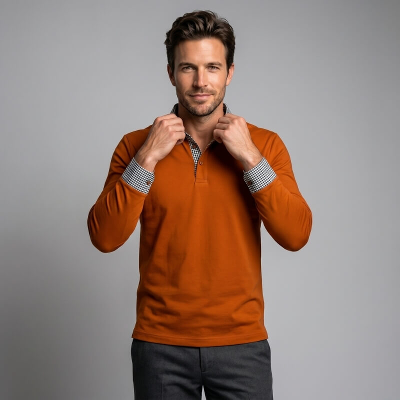 Jason Cotton Blend Long Sleeve Polo Shirt – Plaid Patchwork Buttoned Collar Top