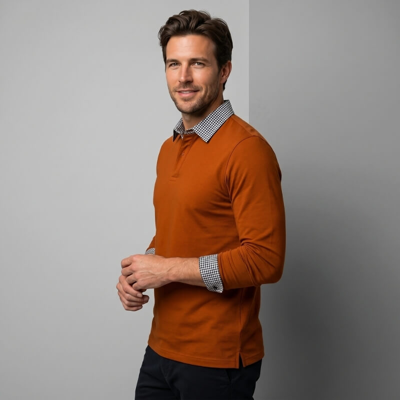 Jason Cotton Blend Long Sleeve Polo Shirt – Plaid Patchwork Buttoned Collar Top