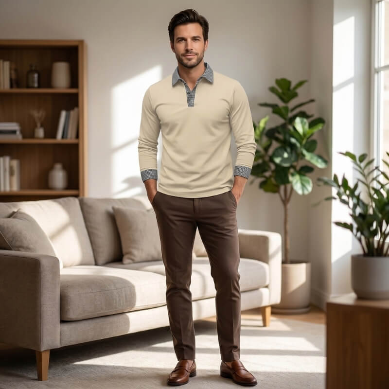 Jason Cotton Blend Long Sleeve Polo Shirt – Plaid Patchwork Buttoned Collar Top