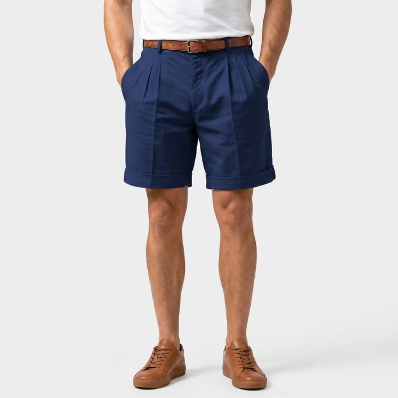 Luca Linen Pleated Shorts – Double Pleat Belt Loop Rolled Cuff Relaxed Smart Casual Bottoms