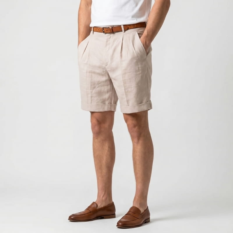 Luca Linen Pleated Shorts – Double Pleat Belt Loop Rolled Cuff Relaxed Smart Casual Bottoms