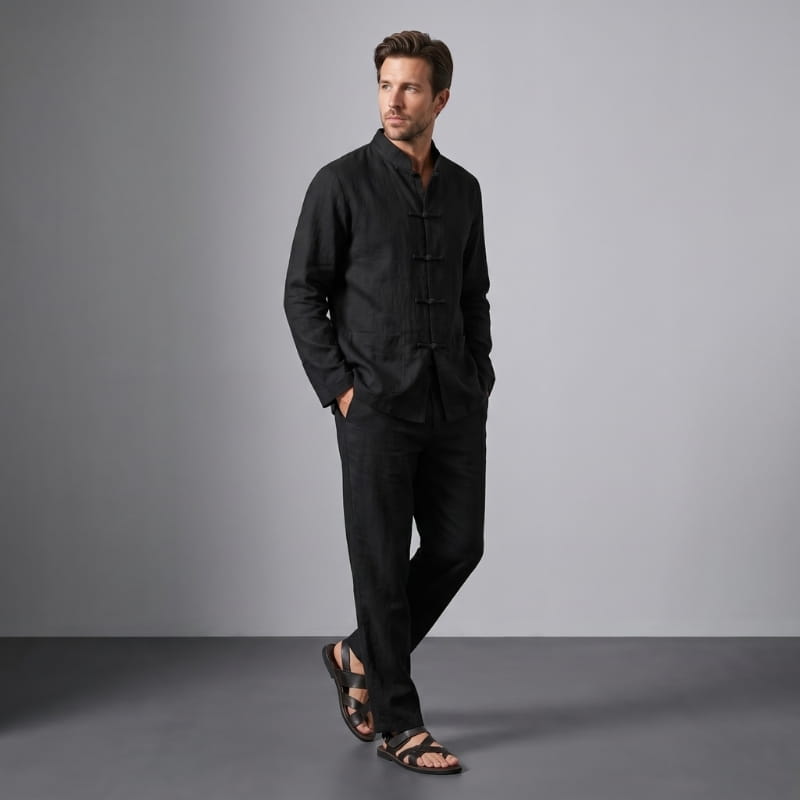 Sherwin Linen Two-Piece Set – Mandarin Collar Frog Button Shirt Elastic Waist Casual Outfit