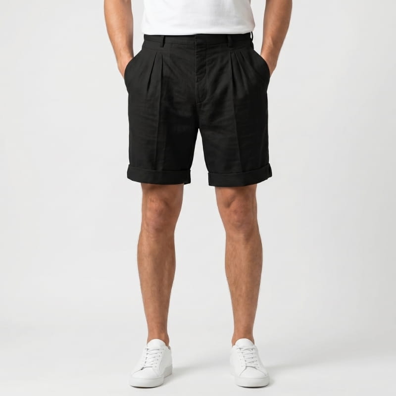 Luca Linen Pleated Shorts – Double Pleat Belt Loop Rolled Cuff Relaxed Smart Casual Bottoms