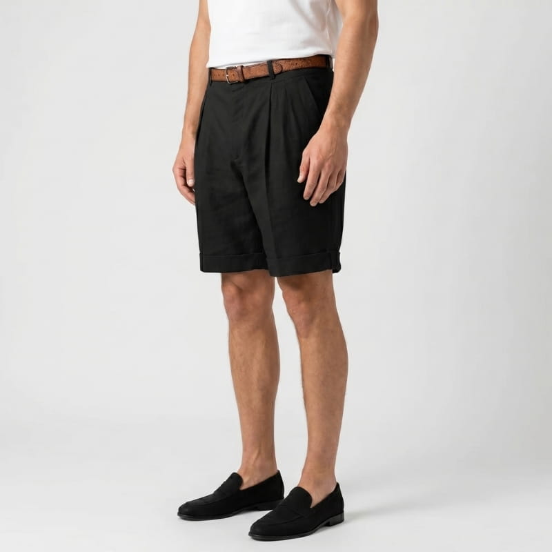 Luca Linen Pleated Shorts – Double Pleat Belt Loop Rolled Cuff Relaxed Smart Casual Bottoms