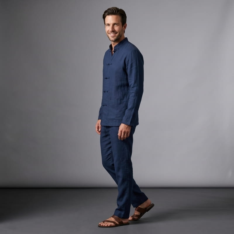 Sherwin Linen Two-Piece Set – Mandarin Collar Frog Button Shirt Elastic Waist Casual Outfit