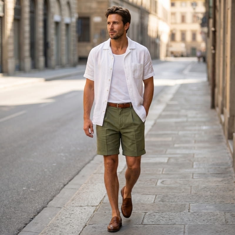 Luca Linen Pleated Shorts – Double Pleat Belt Loop Rolled Cuff Relaxed Smart Casual Bottoms