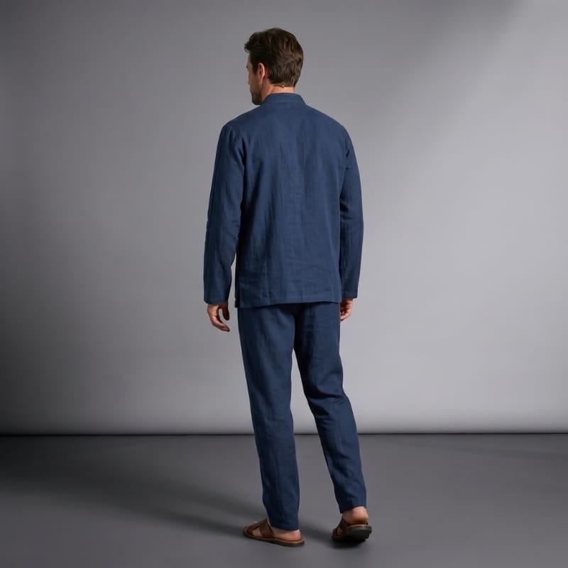 Sherwin Linen Two-Piece Set – Mandarin Collar Frog Button Shirt Elastic Waist Casual Outfit