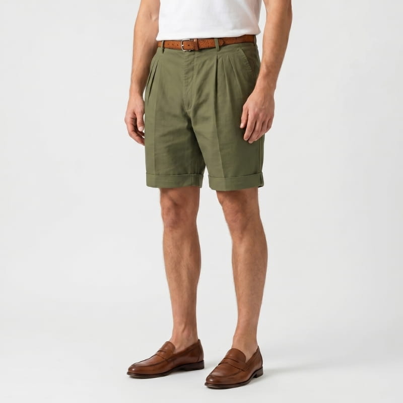 Luca Linen Pleated Shorts – Double Pleat Belt Loop Rolled Cuff Relaxed Smart Casual Bottoms