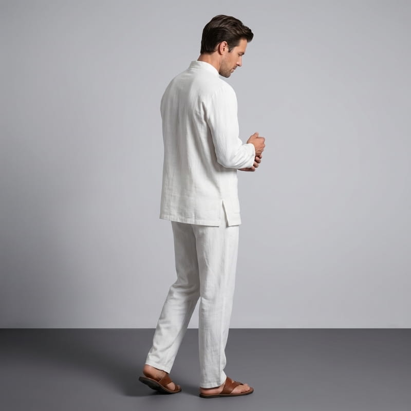 Sherwin Linen Two-Piece Set – Mandarin Collar Frog Button Shirt Elastic Waist Casual Outfit