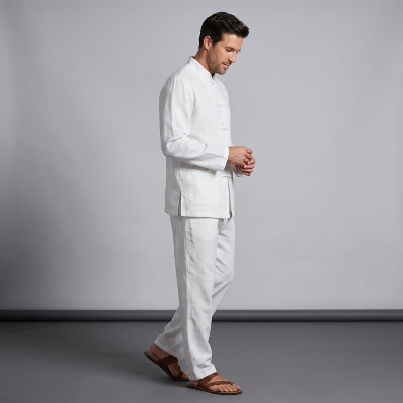 Sherwin Linen Two-Piece Set – Mandarin Collar Frog Button Shirt Elastic Waist Casual Outfit