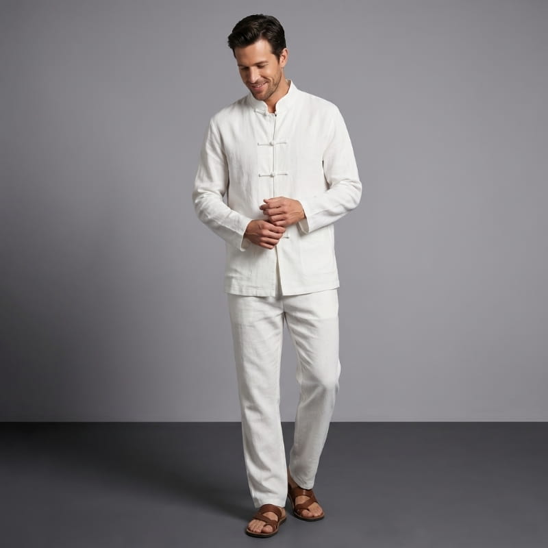 Sherwin Linen Two-Piece Set – Mandarin Collar Frog Button Shirt Elastic Waist Casual Outfit