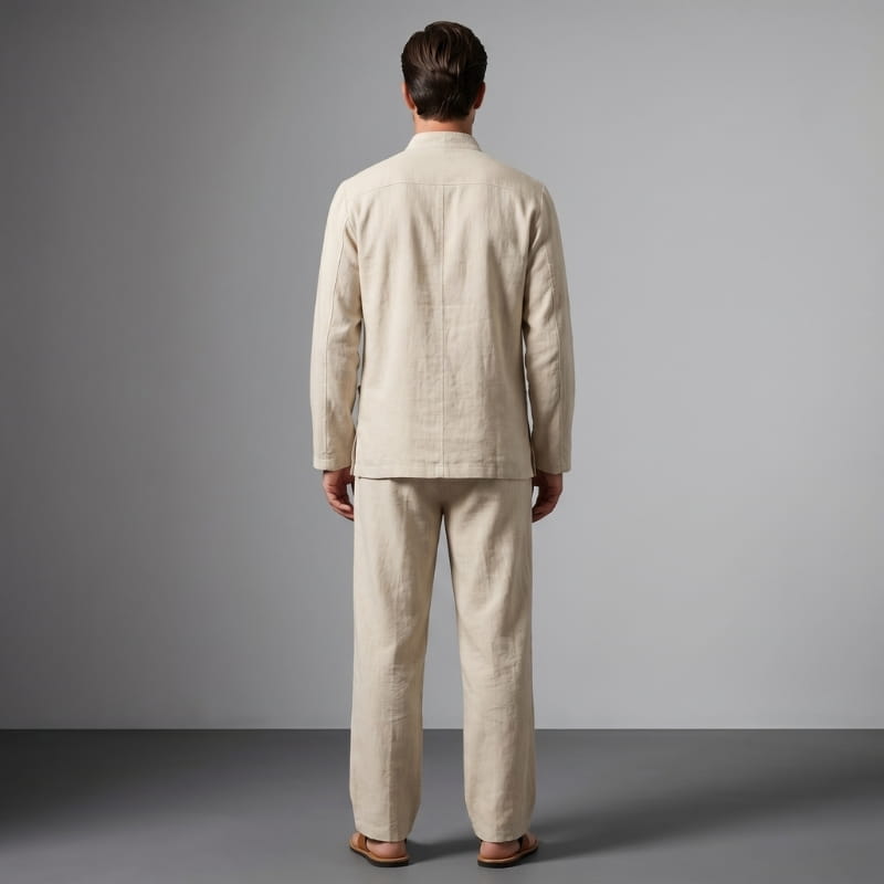 Sherwin Linen Two-Piece Set – Mandarin Collar Frog Button Shirt Elastic Waist Casual Outfit