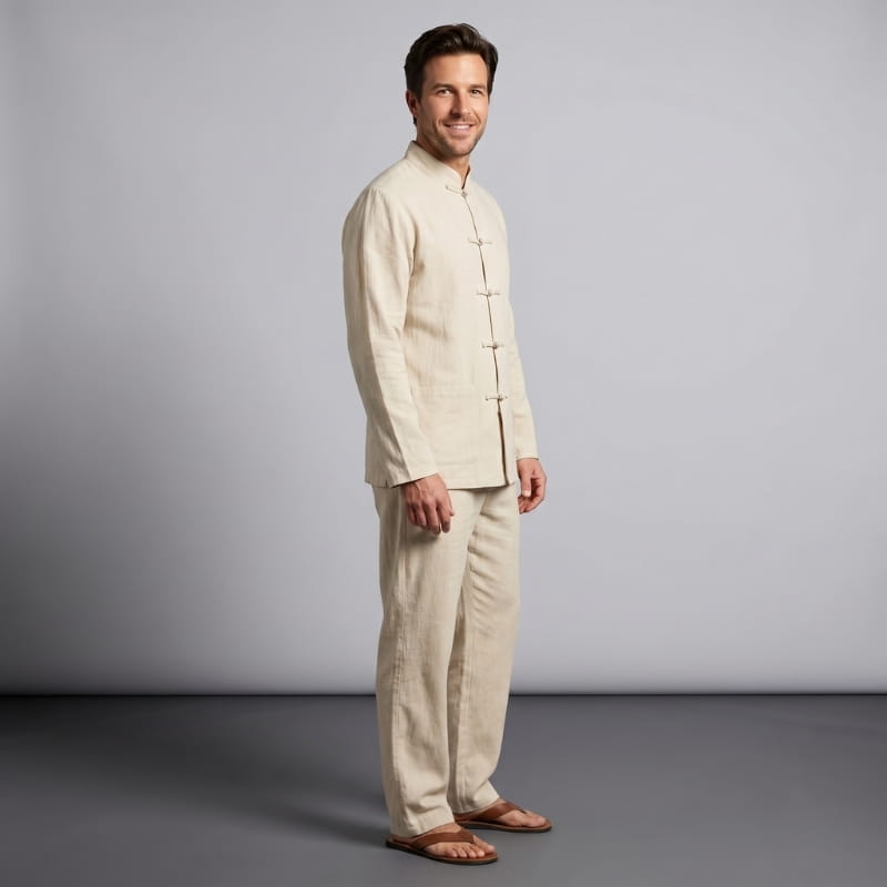Sherwin Linen Two-Piece Set – Mandarin Collar Frog Button Shirt Elastic Waist Casual Outfit