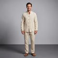 Sherwin Linen Two-Piece Set – Mandarin Collar Frog Button Shirt Elastic Waist Casual Outfit
