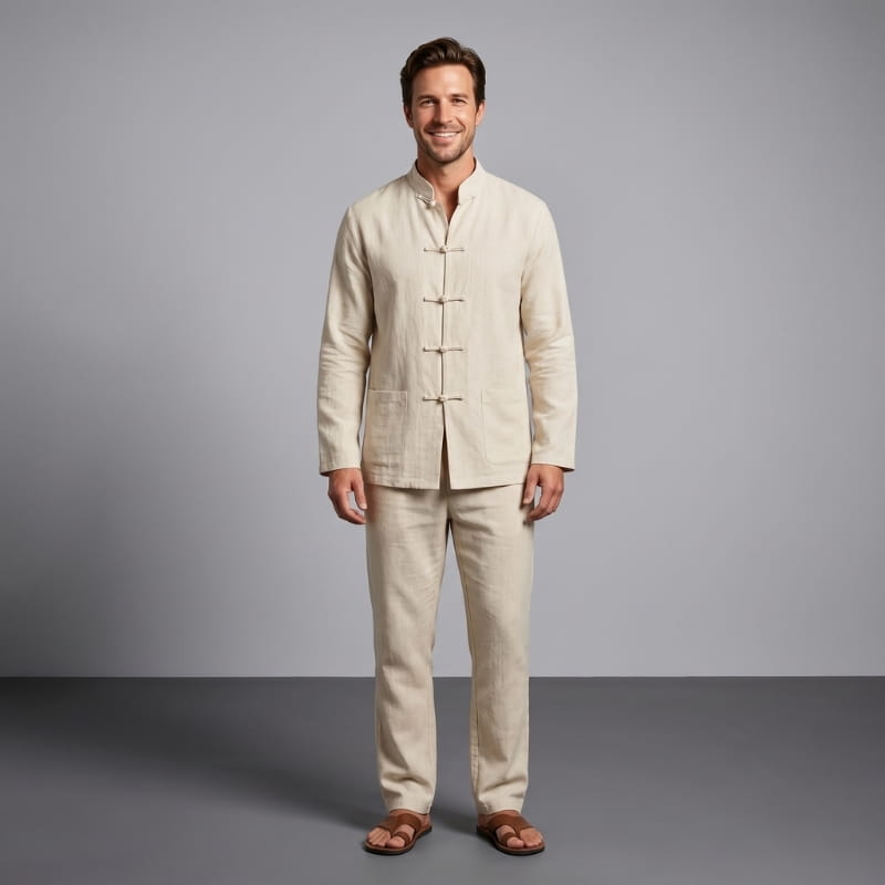 Sherwin Linen Two-Piece Set – Mandarin Collar Frog Button Shirt Elastic Waist Casual Outfit