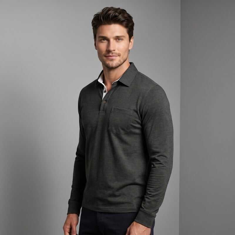 Lorenzo Cotton Blend Long Sleeve Polo Shirt – Classic Fit Chest Pocket Casual Top