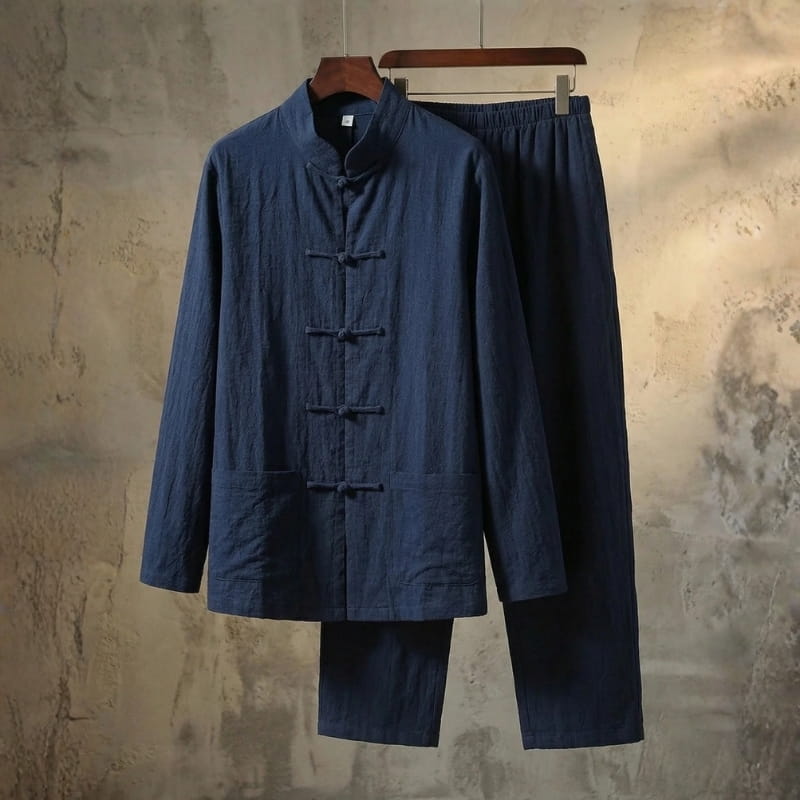 Sherwin Linen Two-Piece Set – Mandarin Collar Frog Button Shirt Elastic Waist Casual Outfit