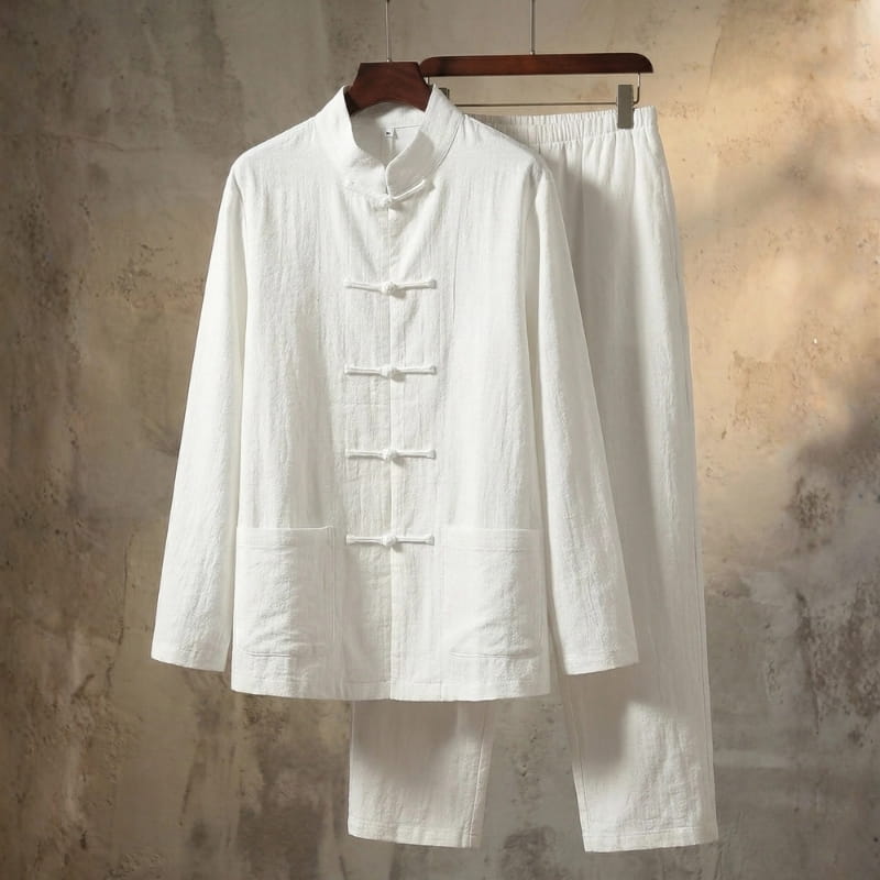 Sherwin Linen Two-Piece Set – Mandarin Collar Frog Button Shirt Elastic Waist Casual Outfit
