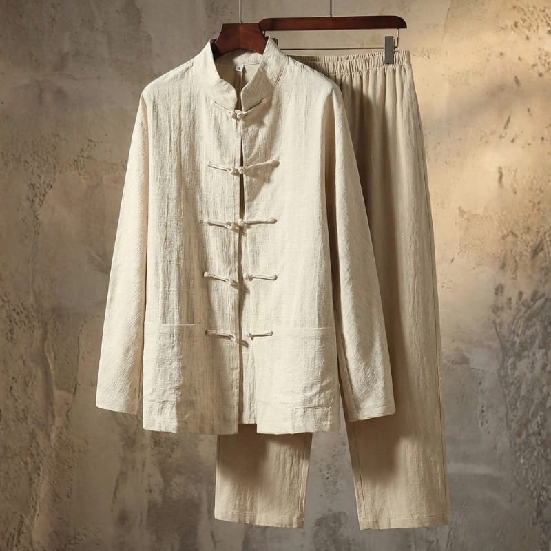 Sherwin Linen Two-Piece Set – Mandarin Collar Frog Button Shirt Elastic Waist Casual Outfit