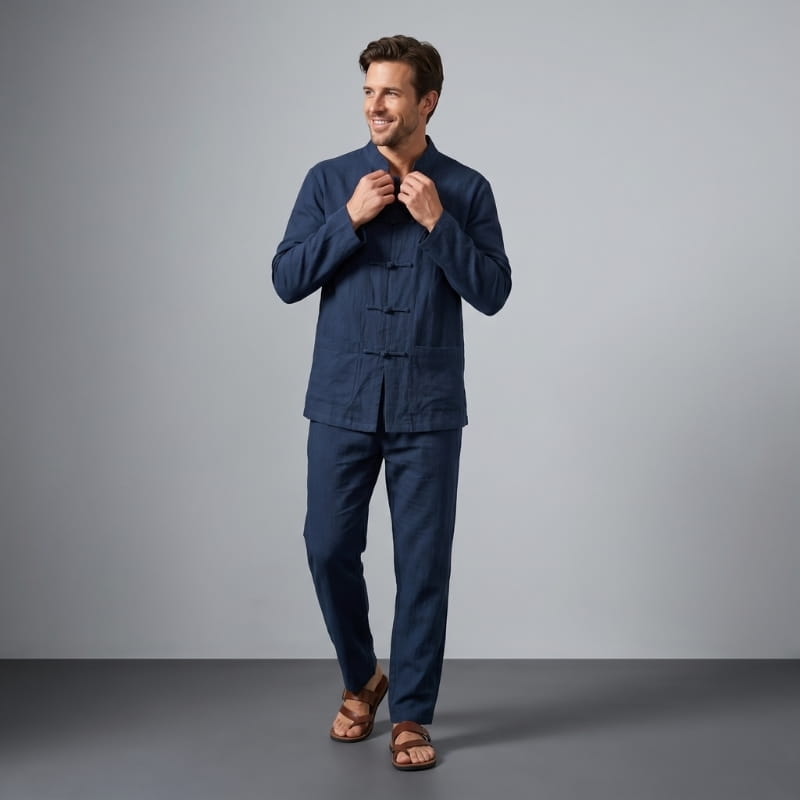 Sherwin Linen Two-Piece Set – Mandarin Collar Frog Button Shirt Elastic Waist Casual Outfit