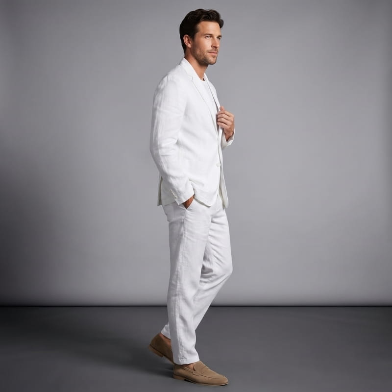 Enzo Linen Suit Set – Notch Lapel Blazer Drawstring Tapered Trouser Smart Casual Outfit