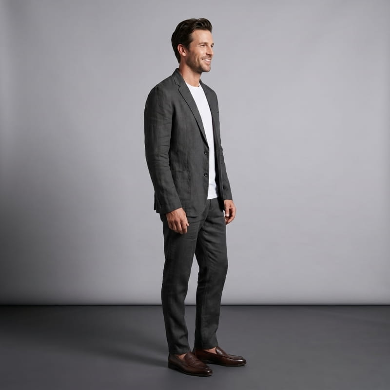 Enzo Linen Suit Set – Notch Lapel Blazer Drawstring Tapered Trouser Smart Casual Outfit