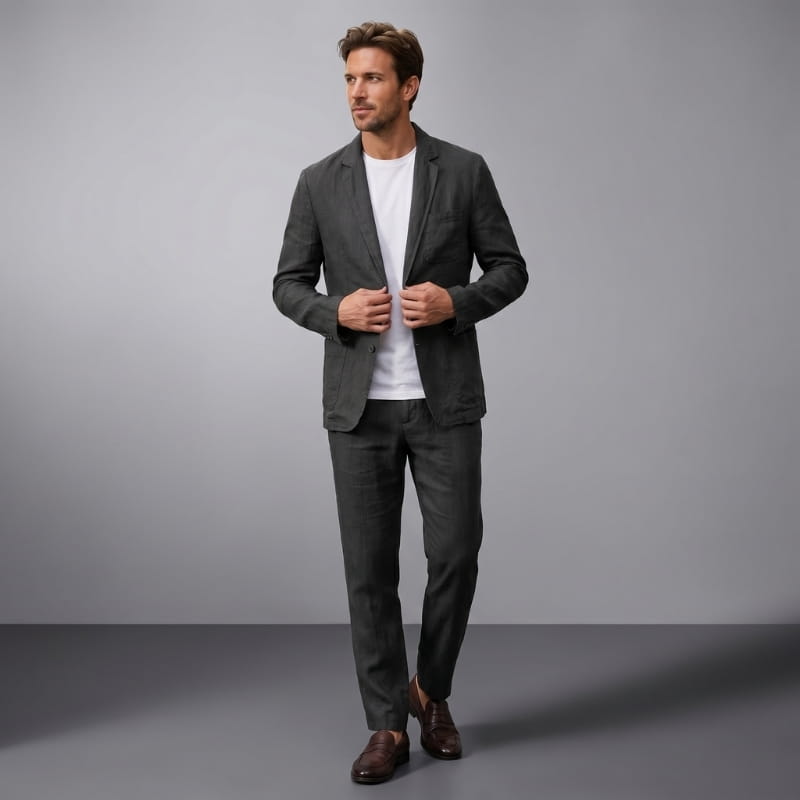Enzo Linen Suit Set – Notch Lapel Blazer Drawstring Tapered Trouser Smart Casual Outfit