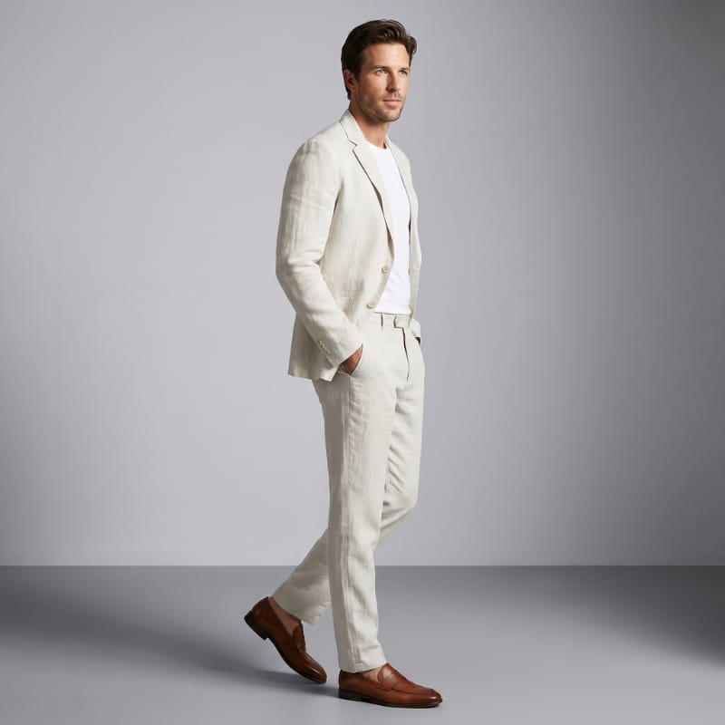 Enzo Linen Suit Set – Notch Lapel Blazer Drawstring Tapered Trouser Smart Casual Outfit