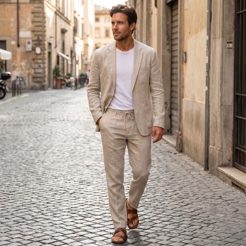 Enzo Linen Suit Set – Notch Lapel Blazer Drawstring Tapered Trouser Smart Casual Outfit