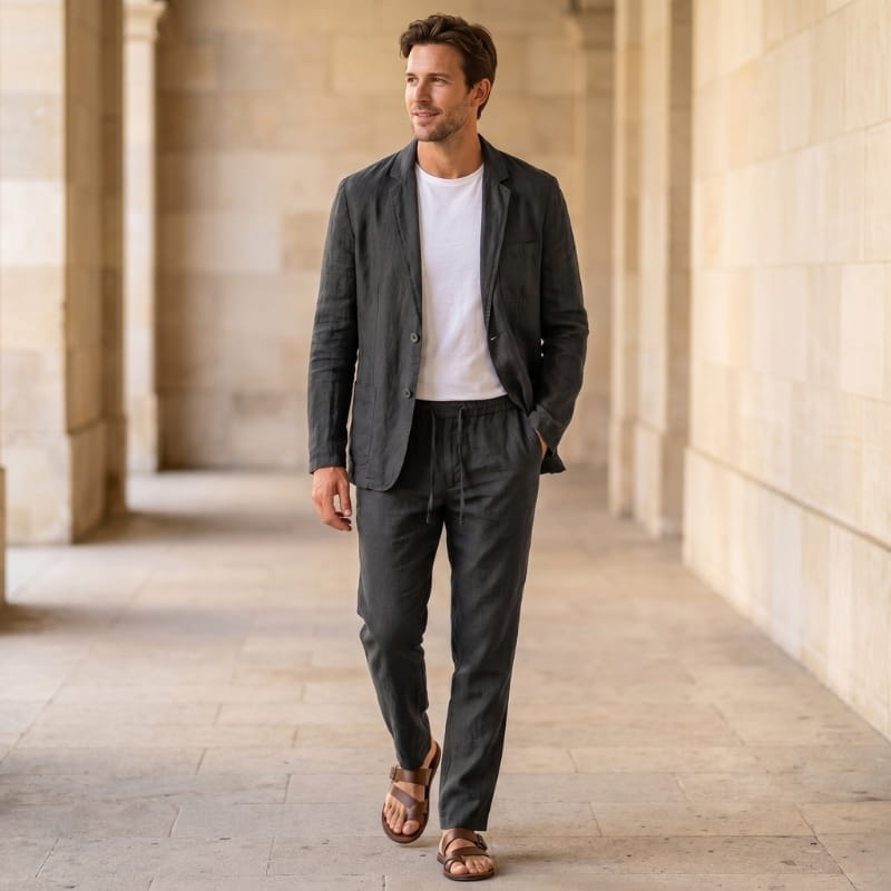 Enzo Linen Suit Set – Notch Lapel Blazer Drawstring Tapered Trouser Smart Casual Outfit