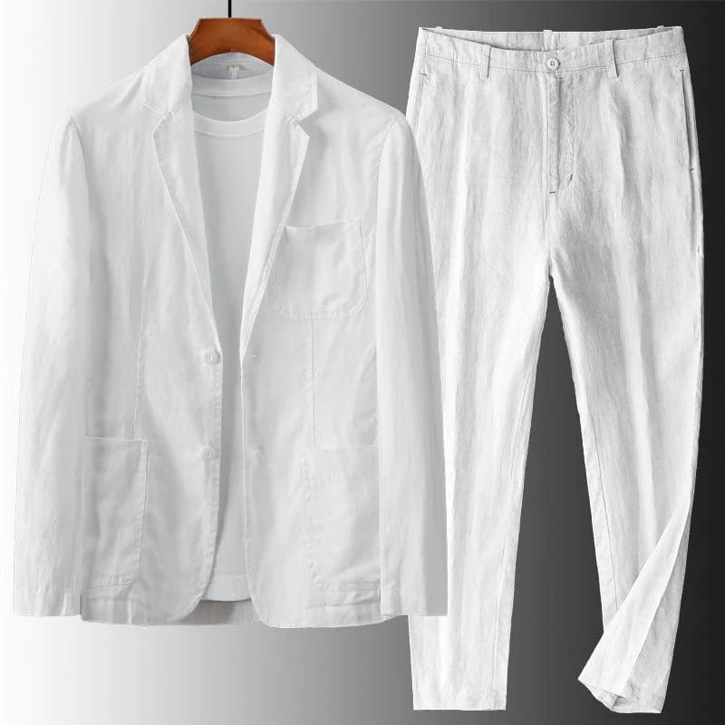 Enzo Linen Suit Set – Notch Lapel Blazer Drawstring Tapered Trouser Smart Casual Outfit