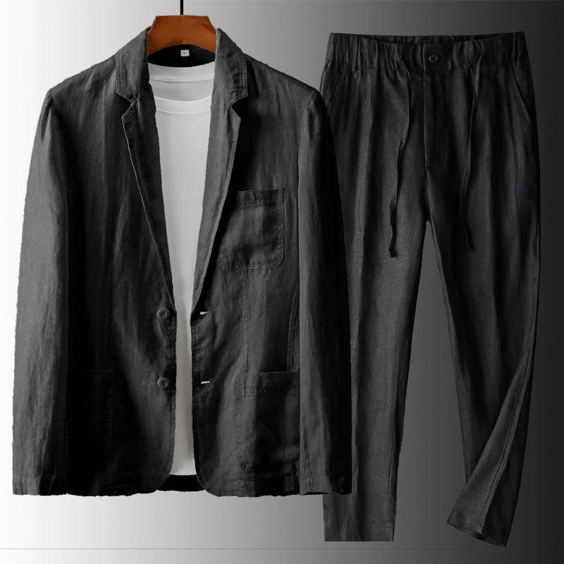 Enzo Linen Suit Set – Notch Lapel Blazer Drawstring Tapered Trouser Smart Casual Outfit
