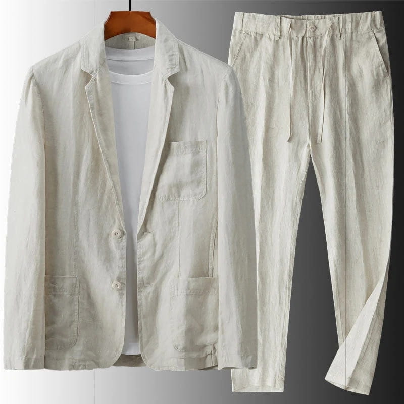 Enzo Linen Suit Set – Notch Lapel Blazer Drawstring Tapered Trouser Smart Casual Outfit