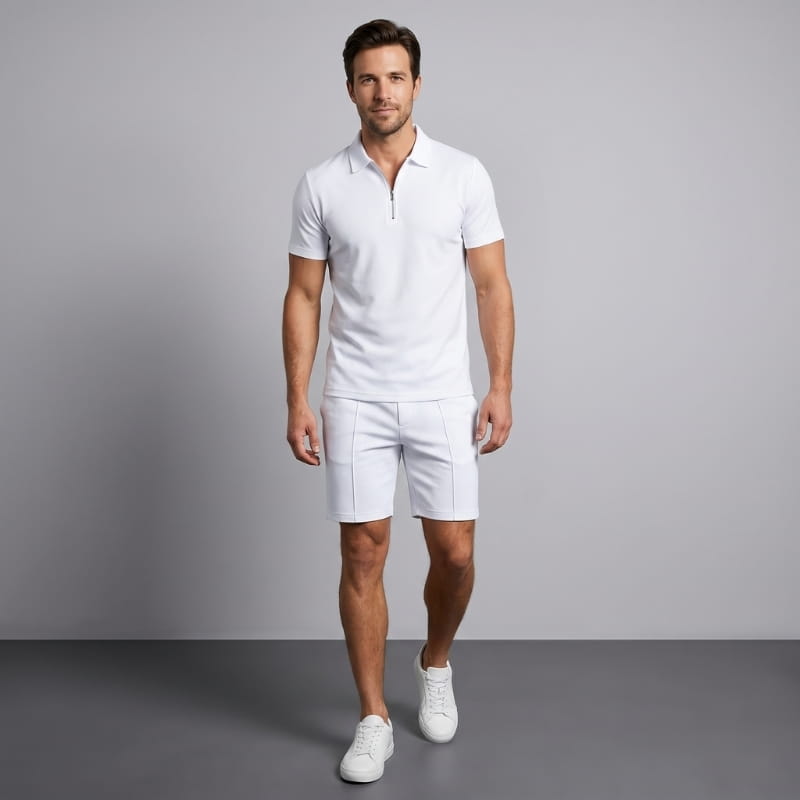 Dante Stretch Polo Shirt & Shorts Set – Zip-Neck Drawstring Matching Athletic Casual Outfit