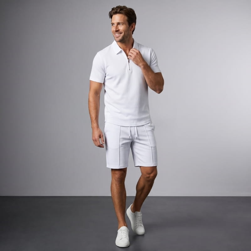 Dante Stretch Polo Shirt & Shorts Set – Zip-Neck Drawstring Matching Athletic Casual Outfit