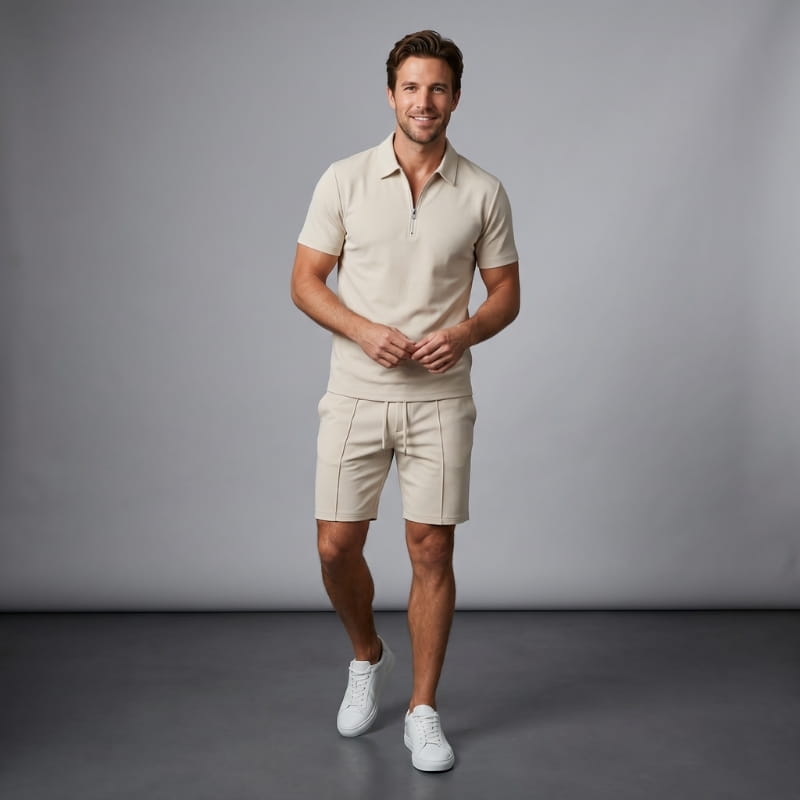Dante Stretch Polo Shirt & Shorts Set – Zip-Neck Drawstring Matching Athletic Casual Outfit