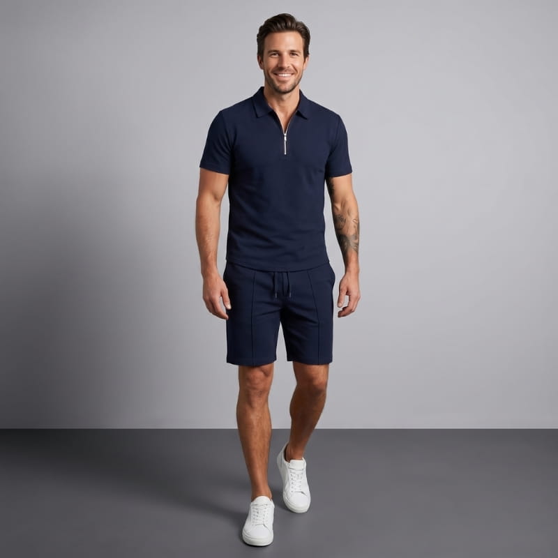 Dante Stretch Polo Shirt & Shorts Set – Zip-Neck Drawstring Matching Athletic Casual Outfit
