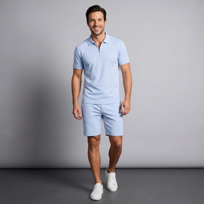 Dante Stretch Polo Shirt & Shorts Set – Zip-Neck Drawstring Matching Athletic Casual Outfit