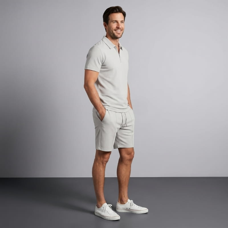 Dante Stretch Polo Shirt & Shorts Set – Zip-Neck Drawstring Matching Athletic Casual Outfit