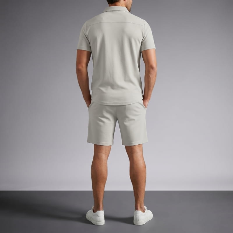Dante Stretch Polo Shirt & Shorts Set – Zip-Neck Drawstring Matching Athletic Casual Outfit
