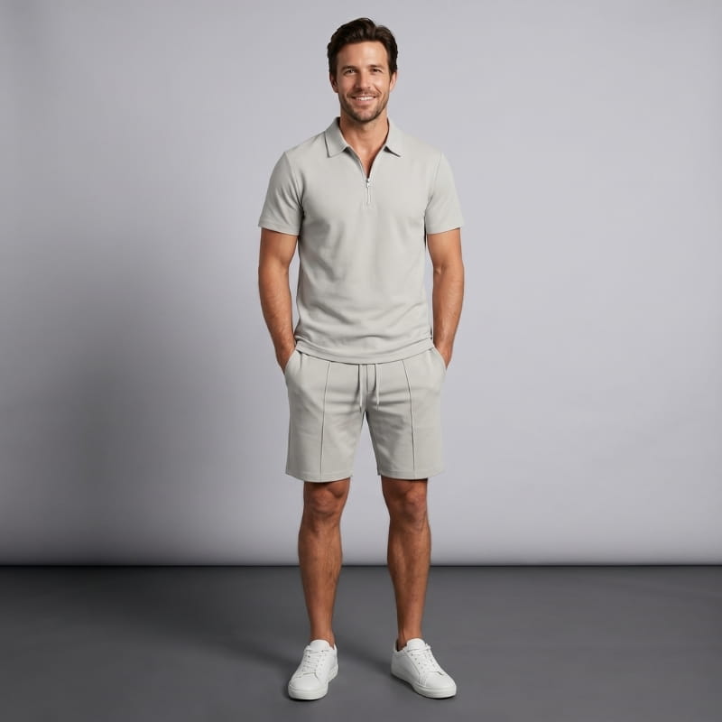 Dante Stretch Polo Shirt & Shorts Set – Zip-Neck Drawstring Matching Athletic Casual Outfit